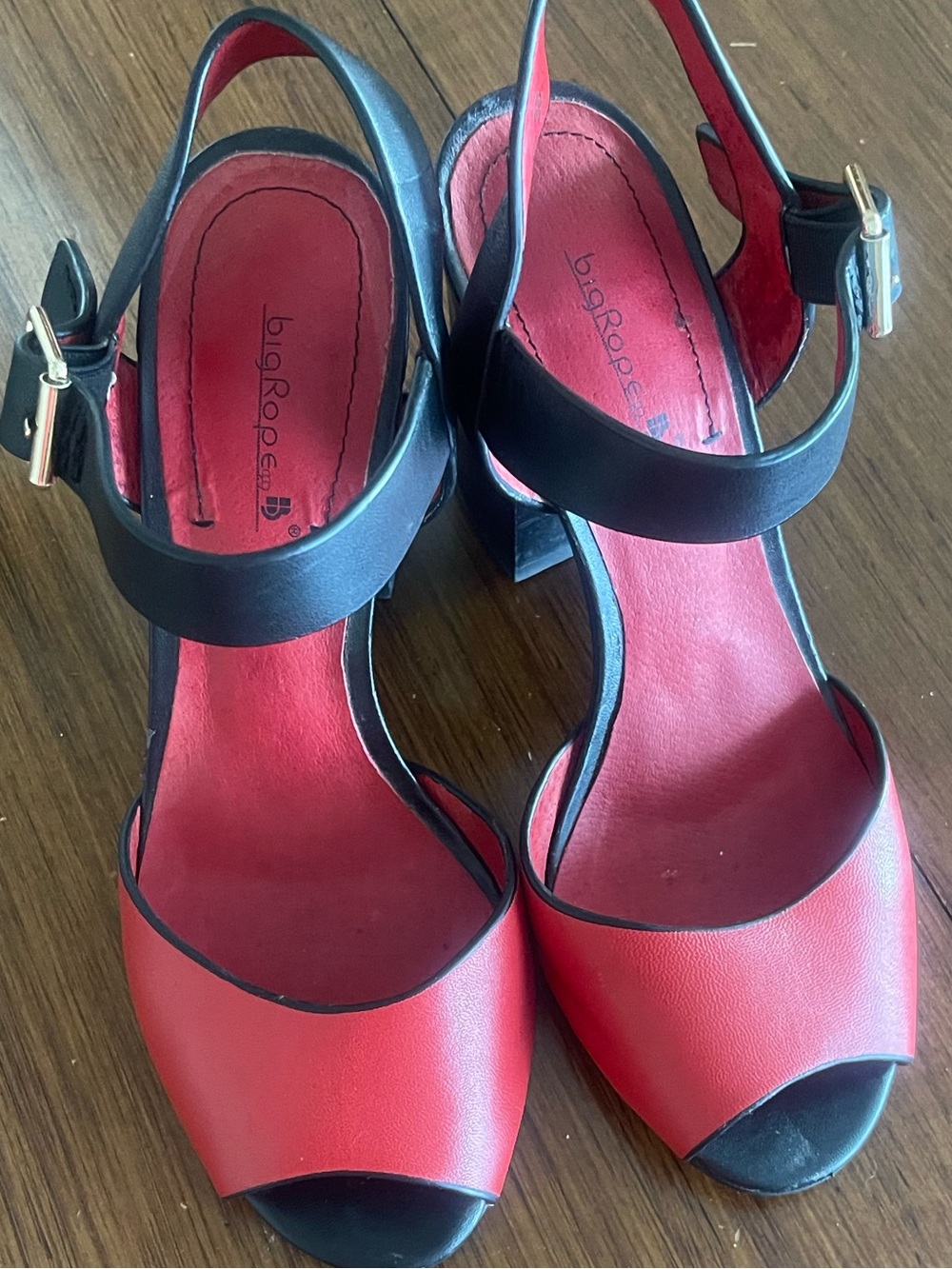 Red and Black Peep-Toe Block Heel Sandals